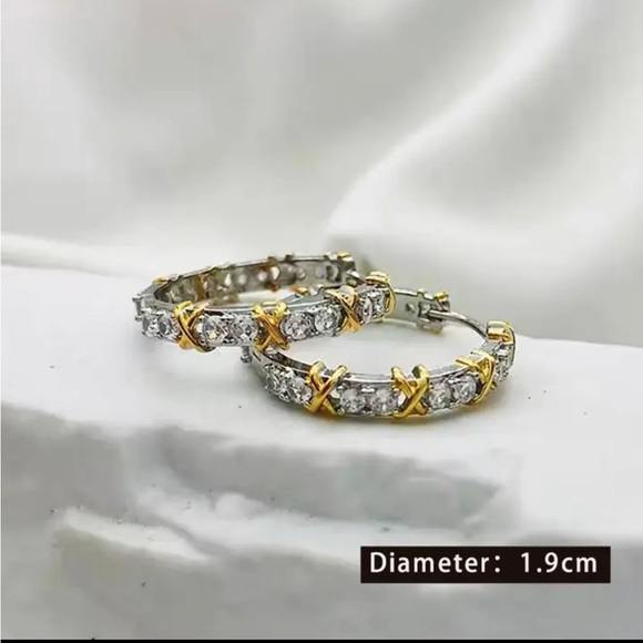 XO Cross XOO Silver Gold CZ Bling Pin Loops Hoops Earrings - Picture 10 of 11